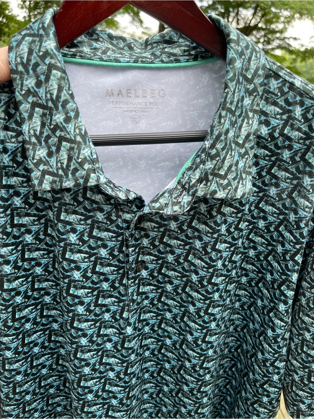 MAELREG Performance Polo Geometric AOP in Green Blue Short Sleeve Mens 2XL